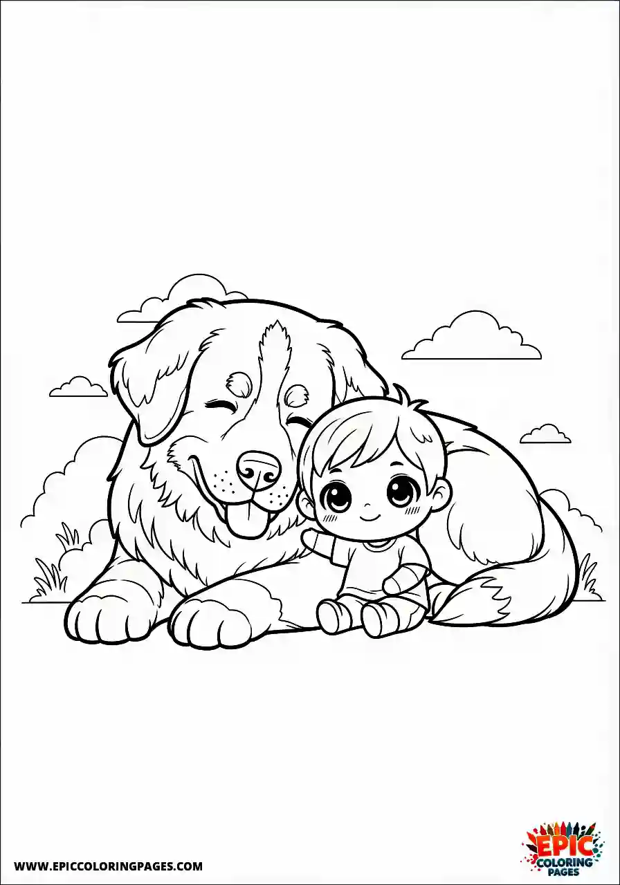 Bernese Mountain Dog Chibi style Bernese mountain embracing a little kid