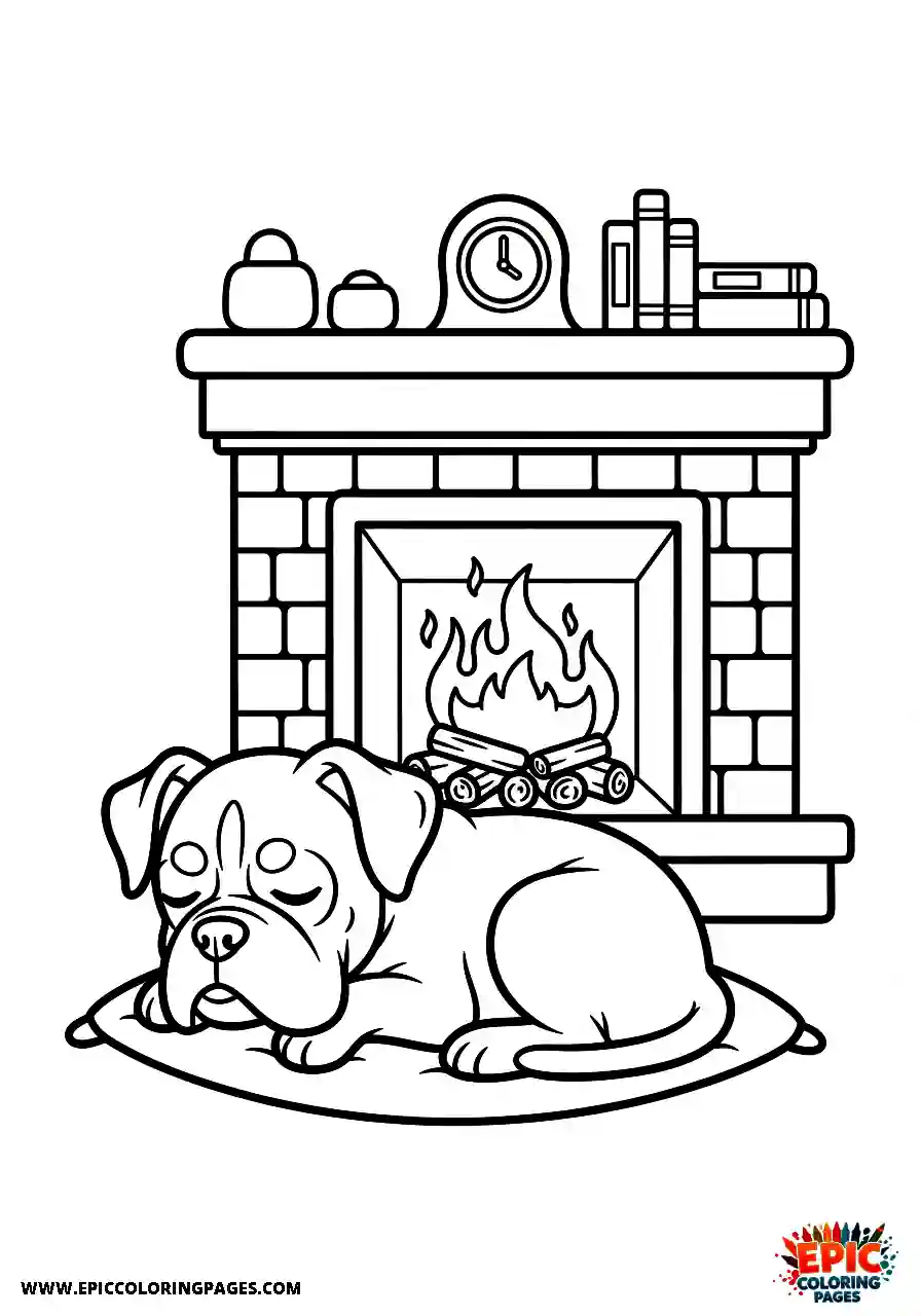 Boxer Chibi style boxer dog curled up warmly next to a fireplace