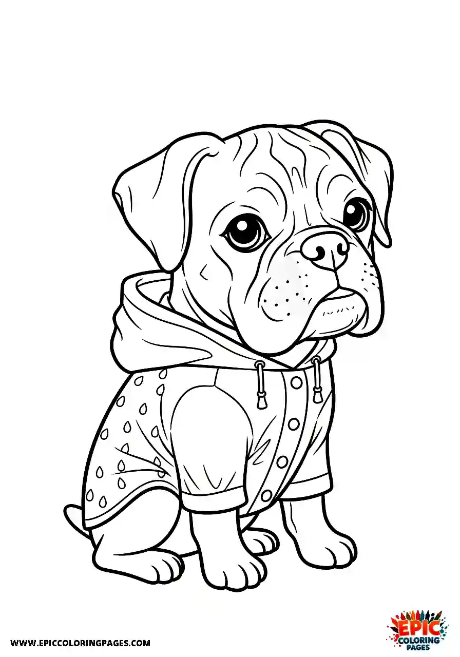 Boxer Chibi style boxer dog wearing a bright yellow rain jacket