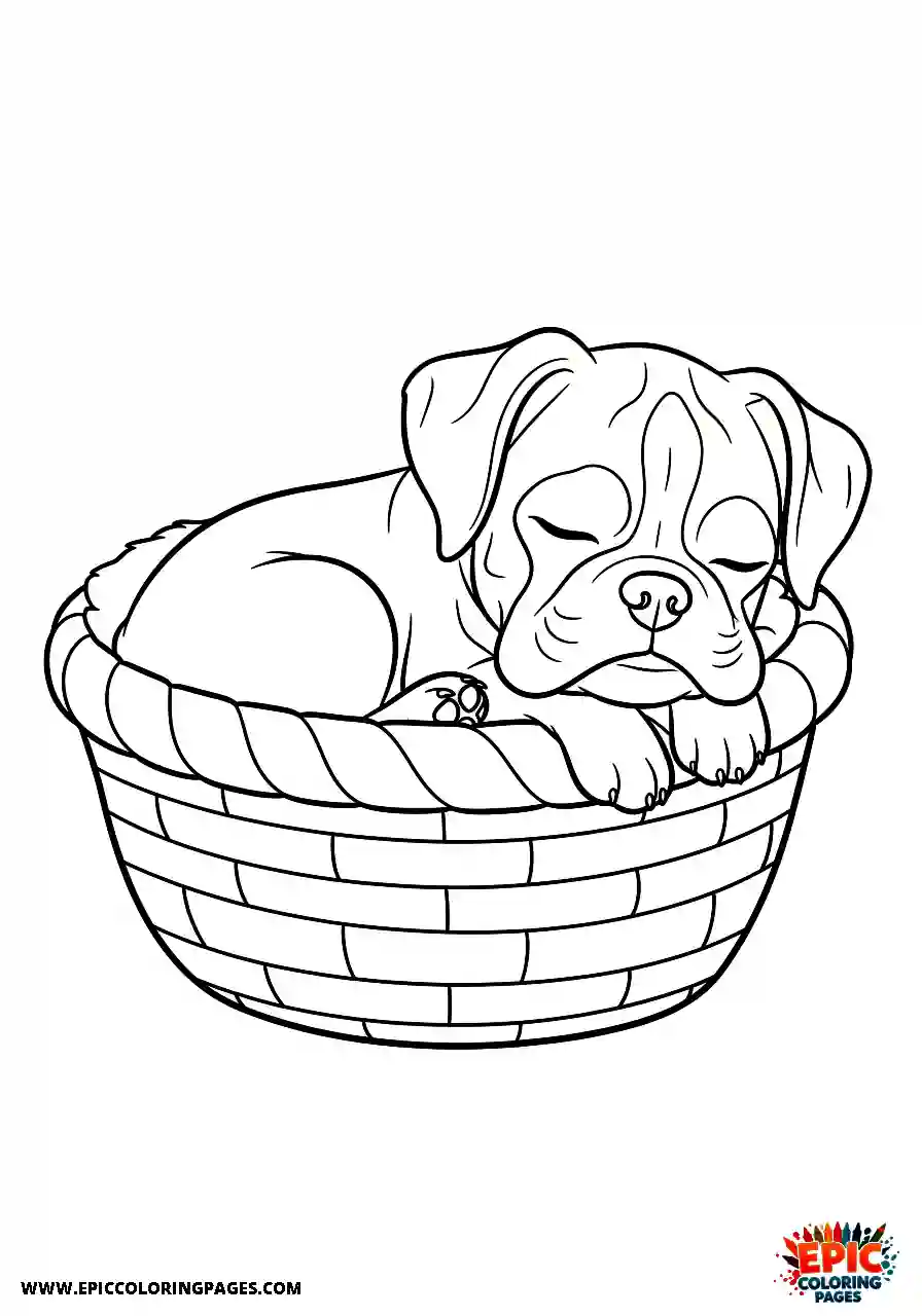 Boxer Cute chibi style boxer dog sleeping peacefully inside a woven basket