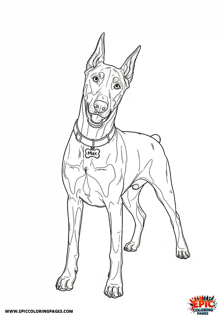 doberman pinscher coloring sheets featuring a realistic dog with an id tag for adults