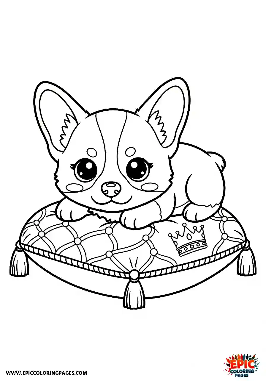 Pembroke Welsh Corgi Kawaii style pembroke welsh corgi pup resting on a plush royal cushion
