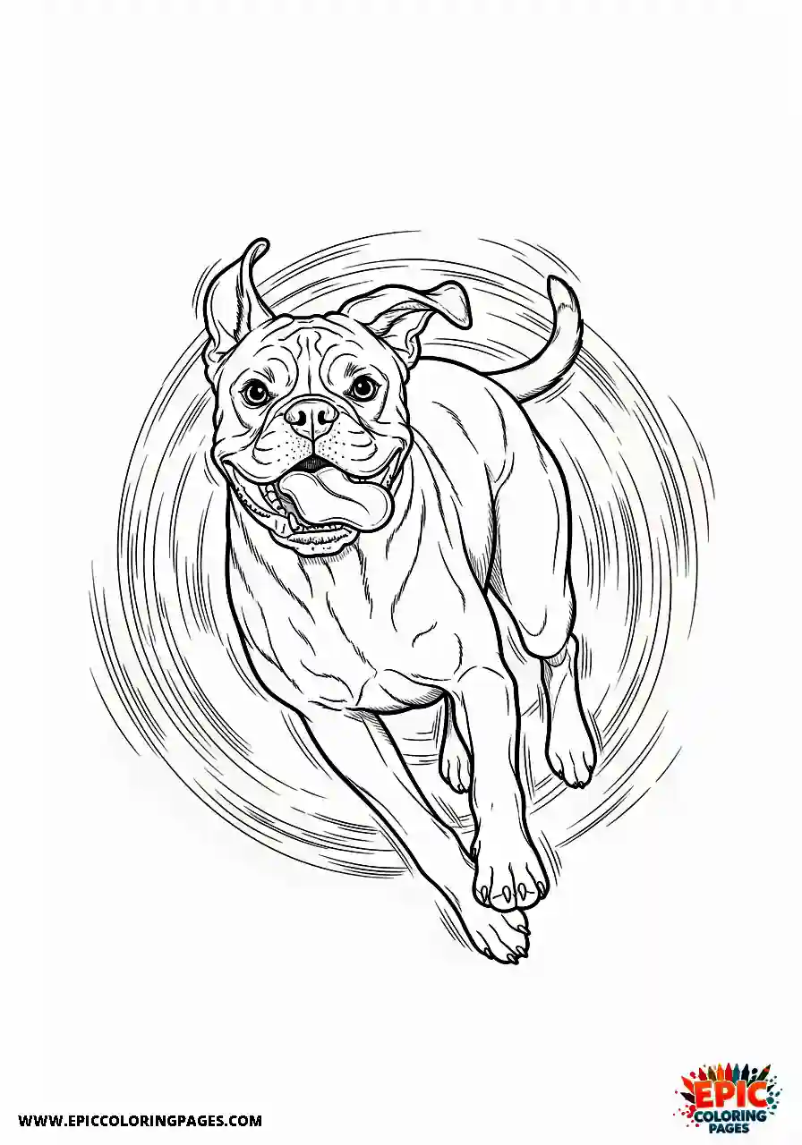 Boxer Manga style boxer dog sprinting rapidly around the yard