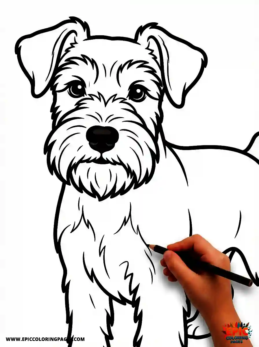 Miniature Schnauzer coloring page with thick lines showing the breed's distinctive beard, eyebrows, and cheerful expression