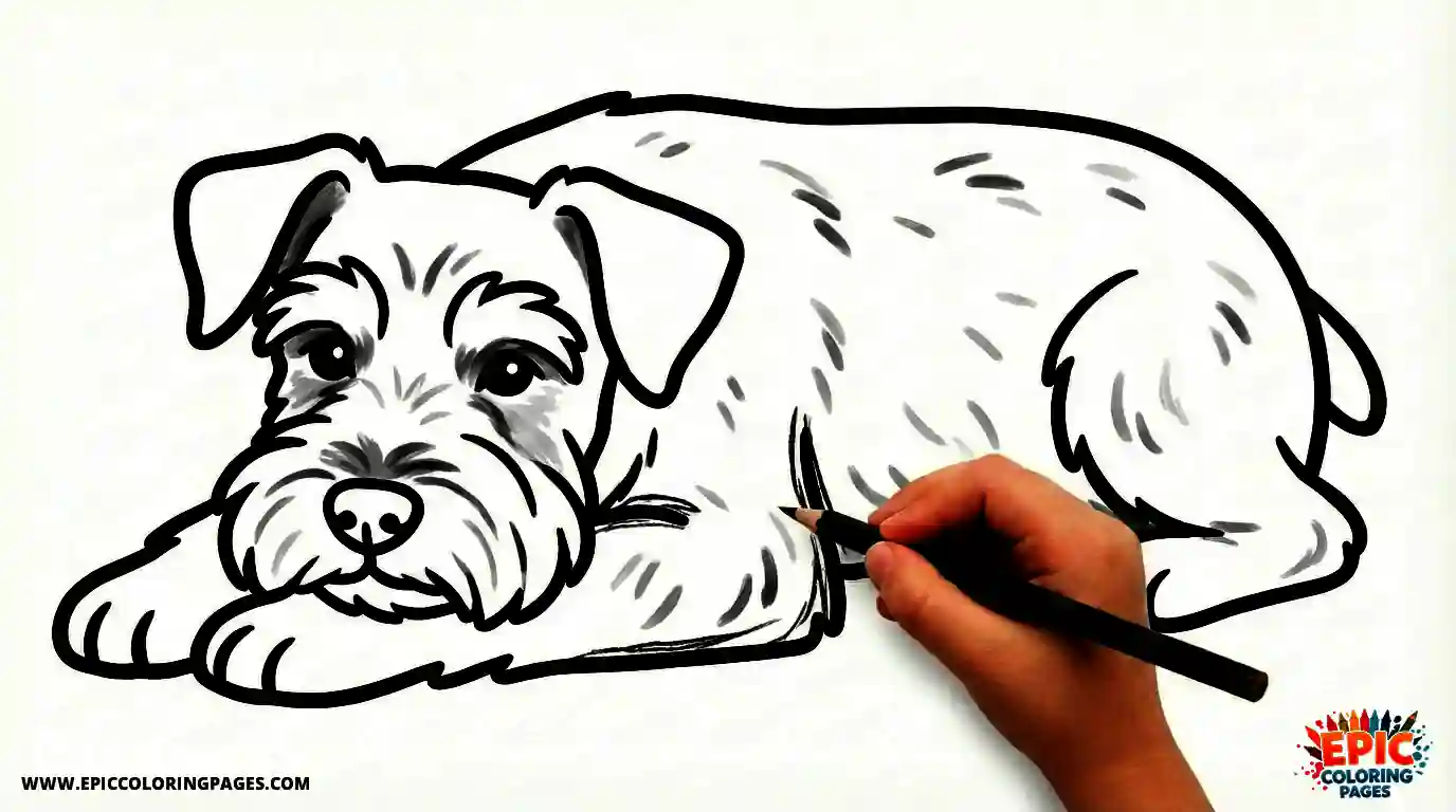 Miniature Schnauzer coloring Sheet with thick lines featuring a charming small dog in a relaxed pose