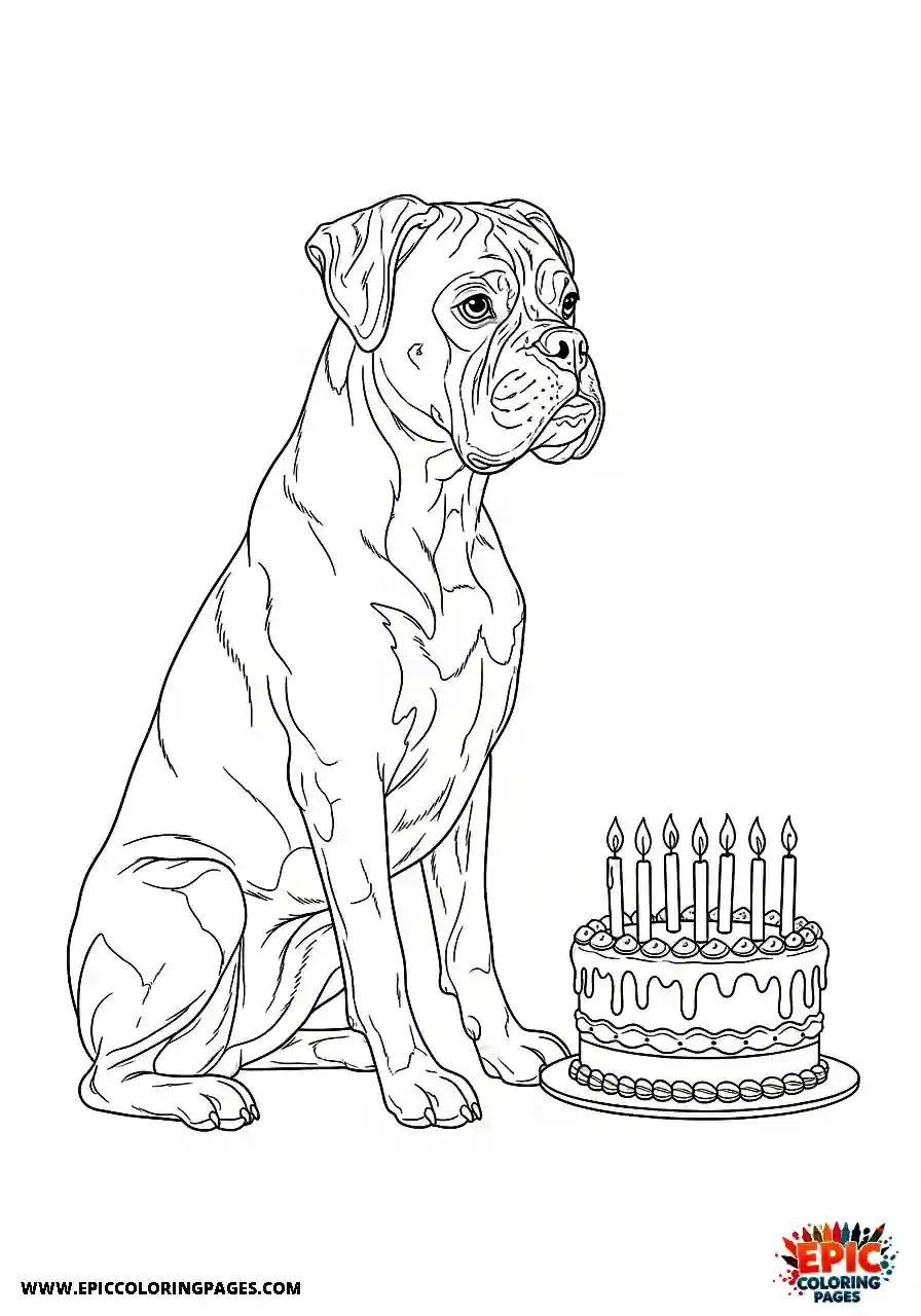 Boxer Profile view of a realistic boxer dog sitting beside a large birthday cake