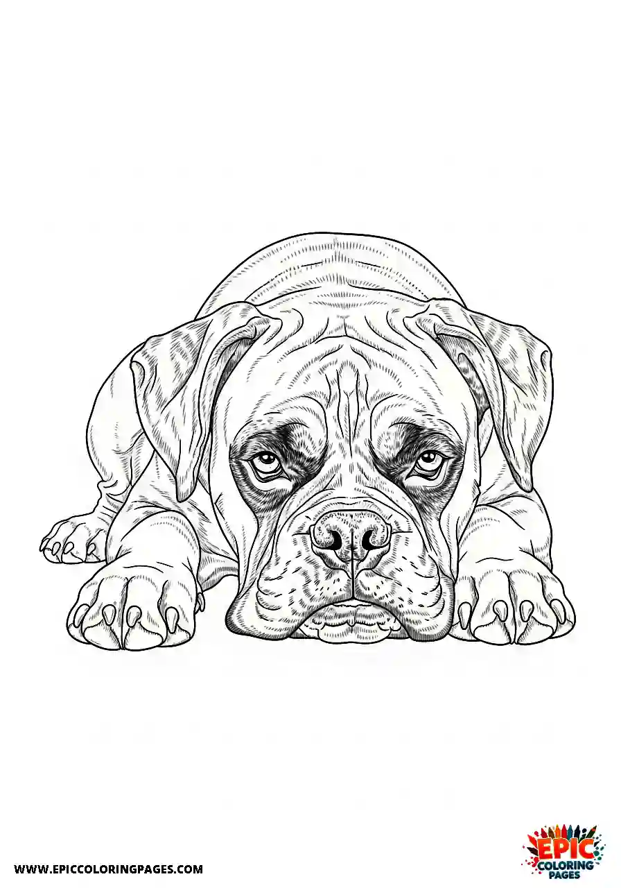 Boxer Side view of a realistic boxer dog resting calmly on the ground