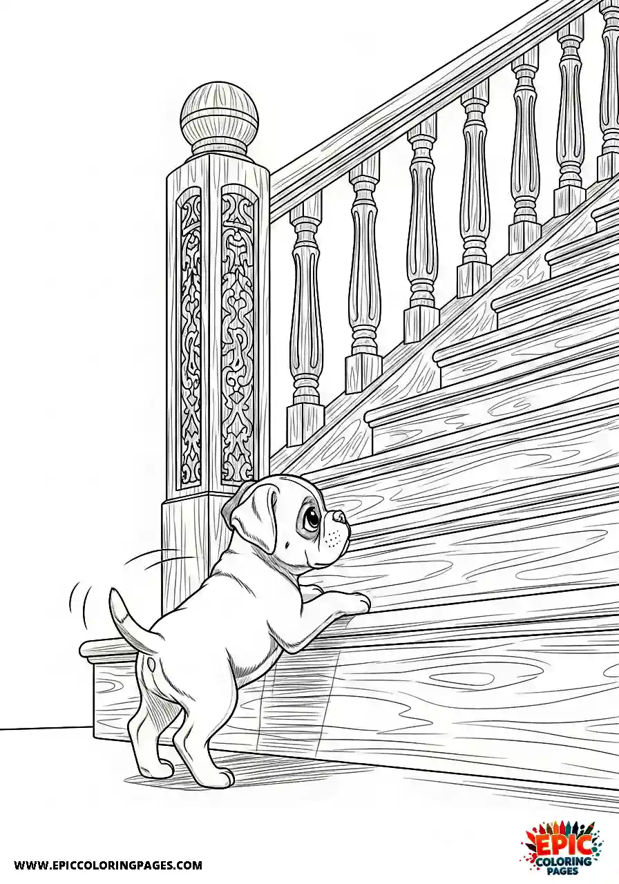 Boxer Tiny anime style boxer dog puppy trying to climb stairs