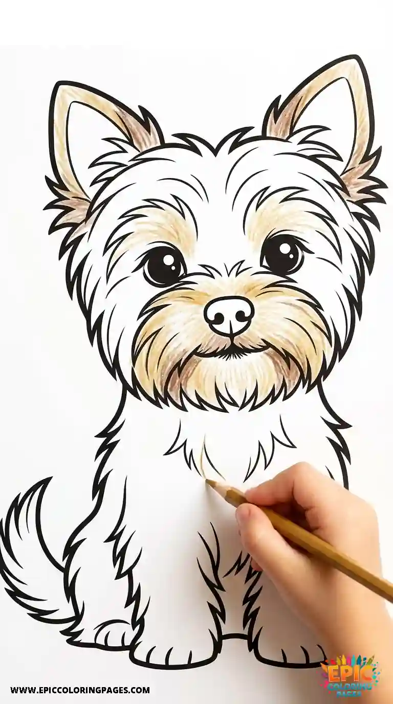 Yorkshire Terrier coloring Page featuring an adorable pup drawn with thick lines, perfect for a relaxing and easy activity.
