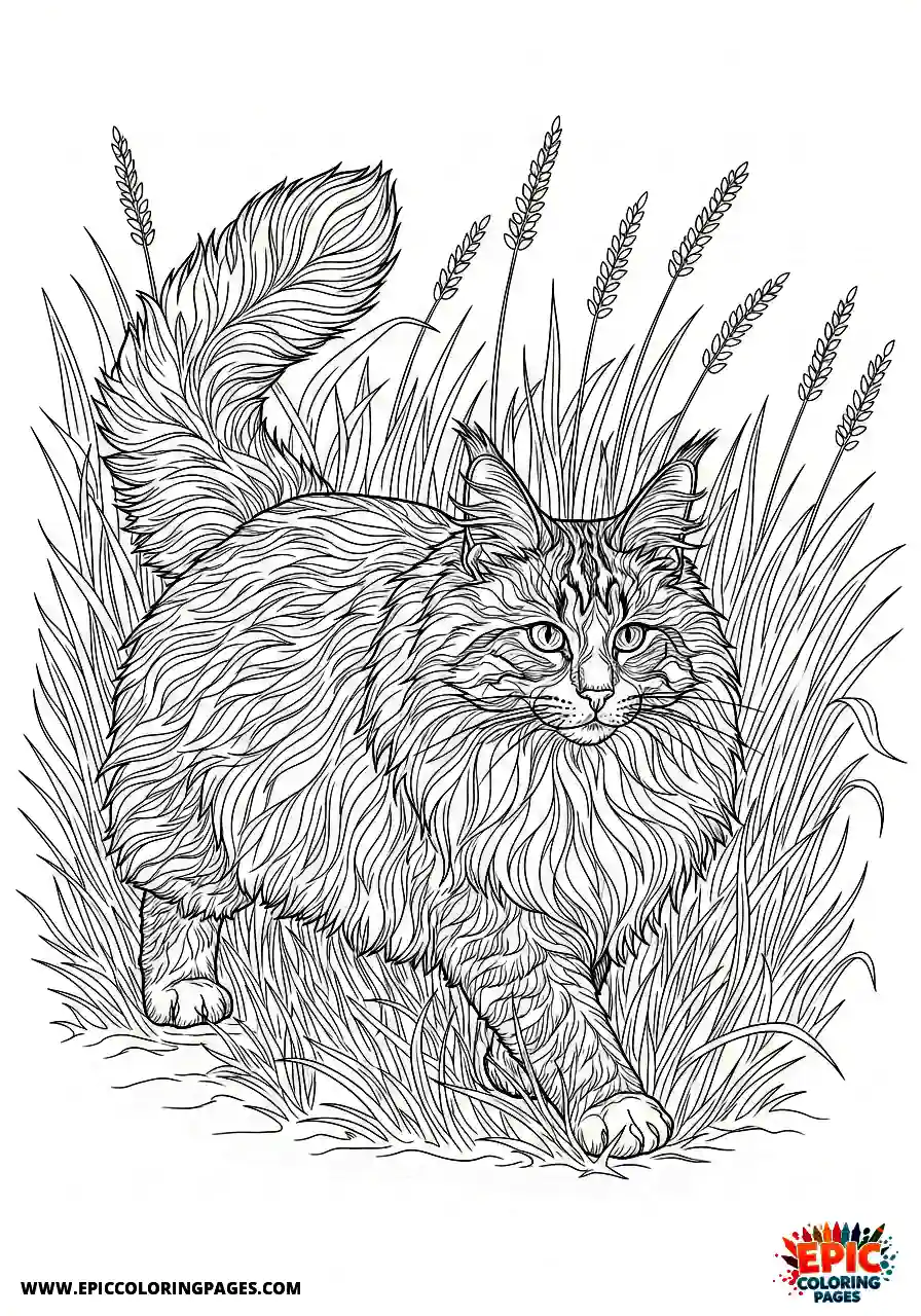 Norwegian Forest a realistic norwegian forest cat sneaking quietly through high vegetation