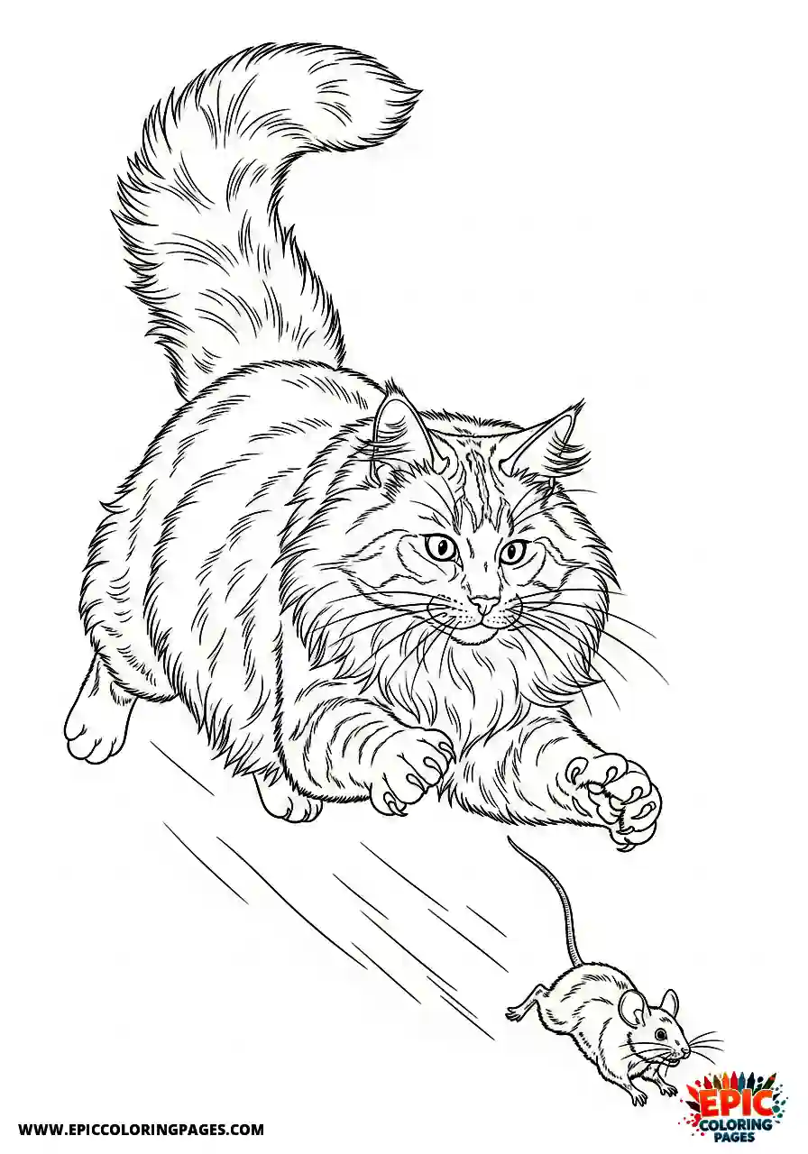 Norwegian Forest a realistic norwegian forest cat sprinting after a small rodent