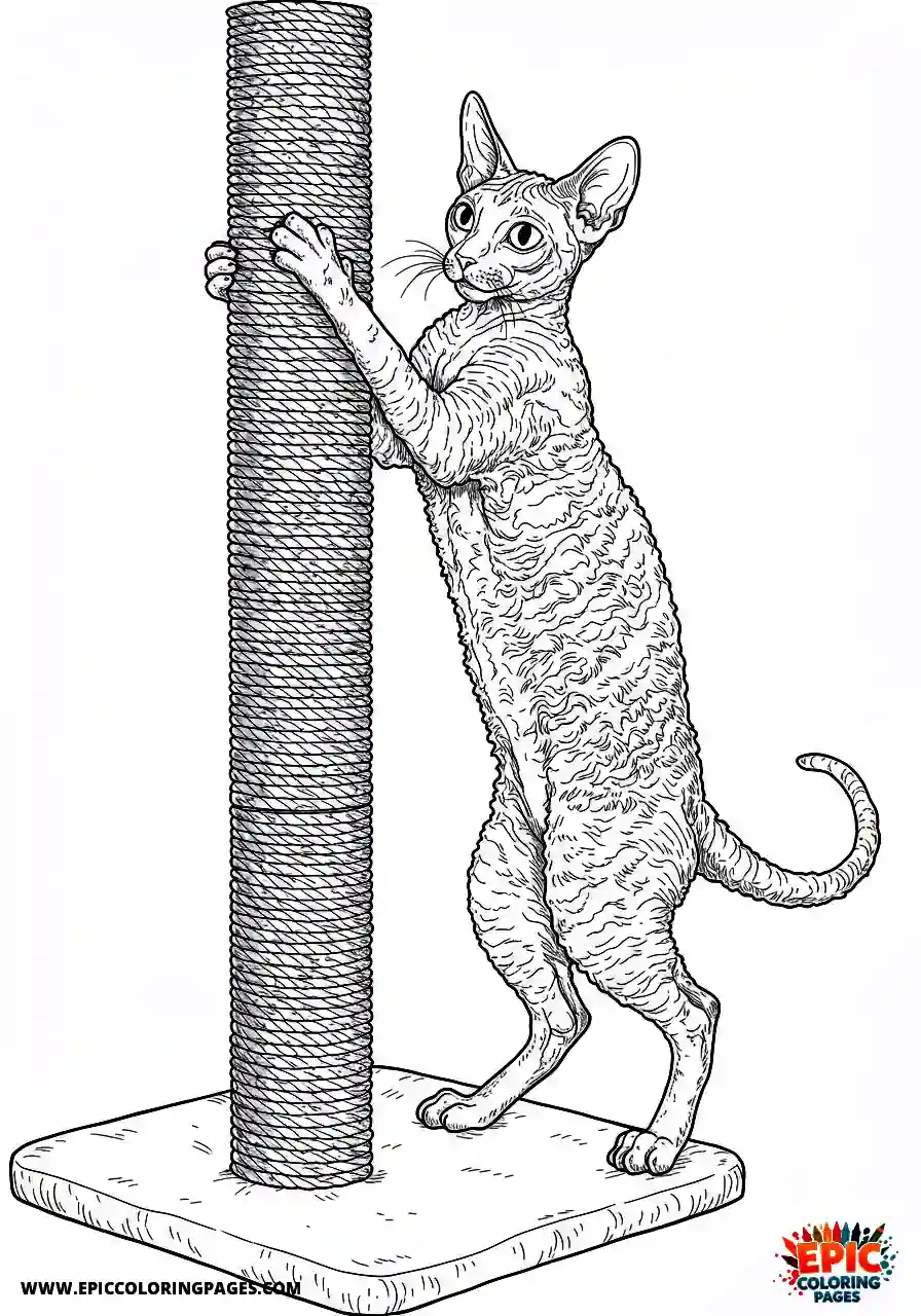 Cornish Rex Cornish rex moving up a scratching pole realistic style