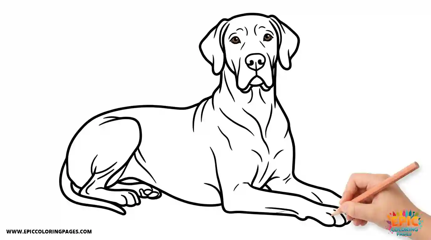 Great Dane coloring page featuring a friendly dog sitting with a happy expression