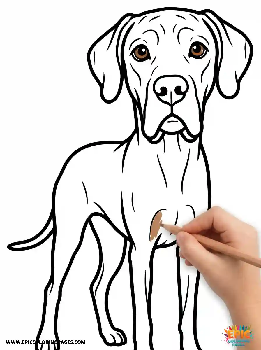 Great Dane coloring sheet showing a sitting dog with clear outlines perfect for children