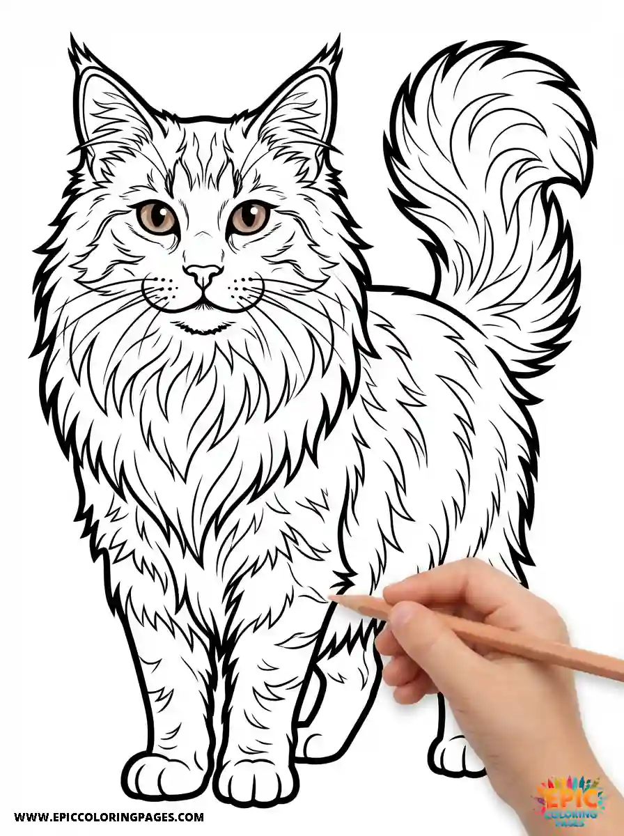 Norwegian Forest Cat coloring Page with Thick lines showing a majestic fluffy cat with long fur in a calm and elegant pose