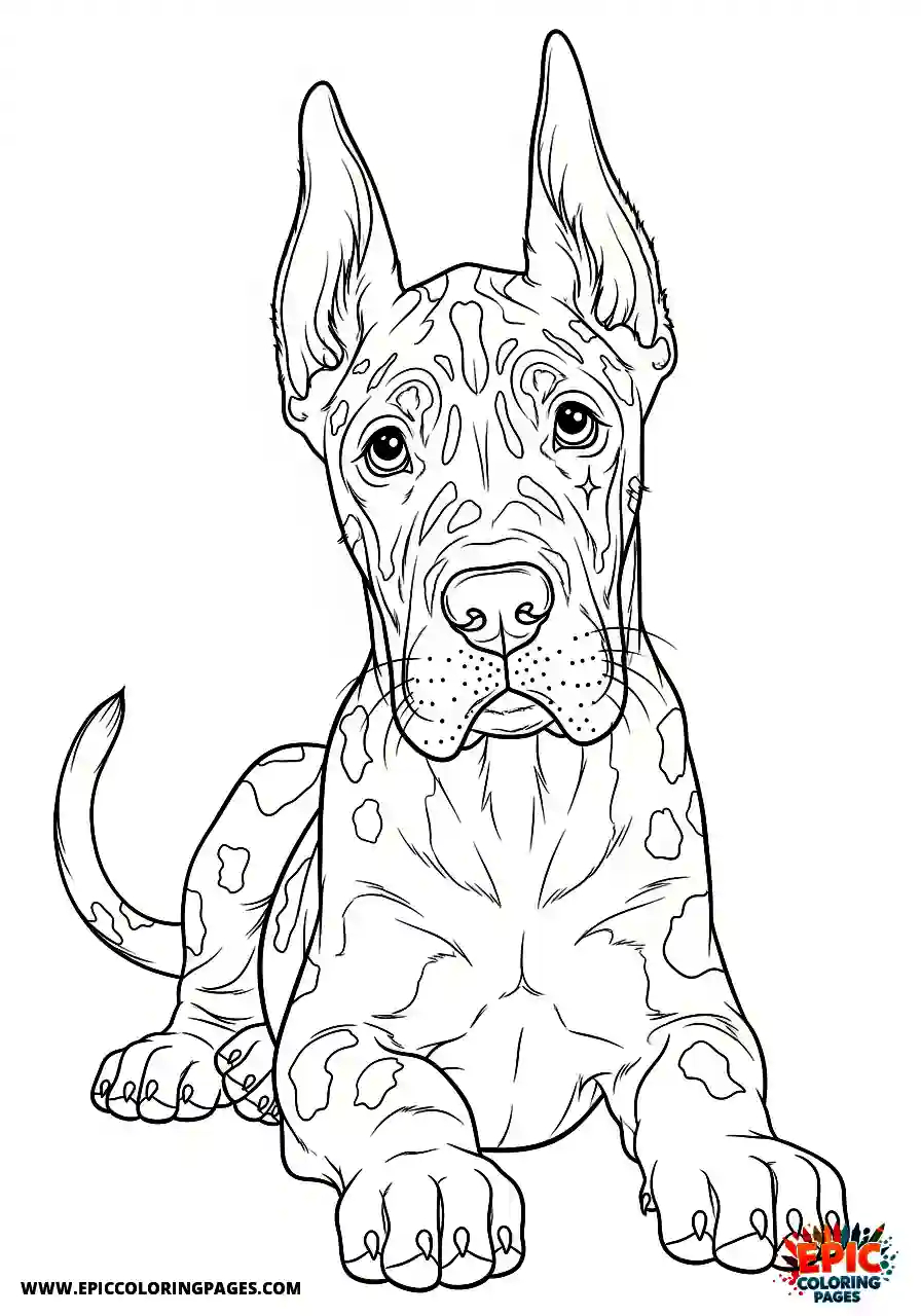 Great Dane A realistic great dane puppy resting on the ground with a calm look