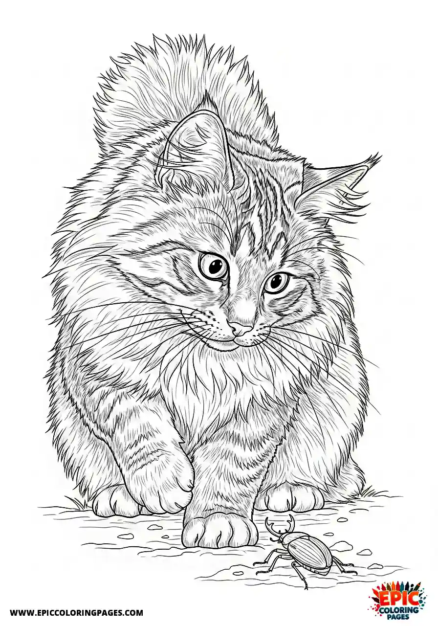 Norwegian Forest realistic norwegian forest cat investigating a tiny crawling bug
