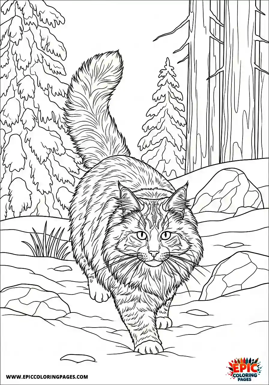 Norwegian Forest realistic norwegian forest cat stalking through a snowy forest