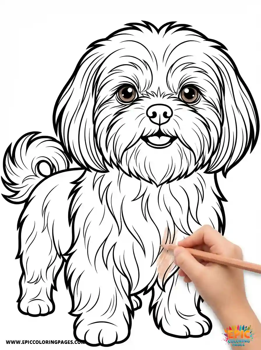 Shih Tzu coloring Page featuring a cute, fluffy puppy designed with thick lines to make it easy and fun to stay within the borders.