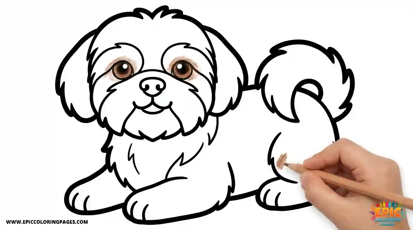 A cute Shih Tzu coloring page with thick lines, lying down in a relaxed pose, perfect for easy coloring