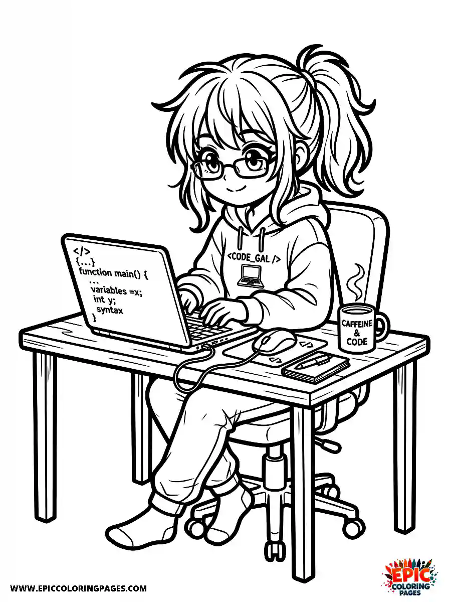 Anime Girl Adorable anime girl dressed as a smart programmer coding software