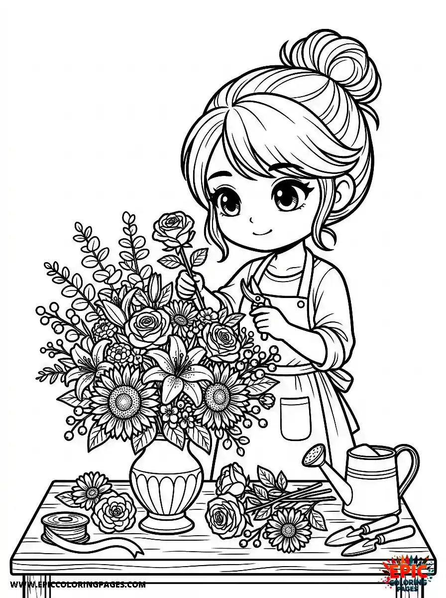 Chibi Girl Adorable chibi girl arranging beautiful flowers as a florist