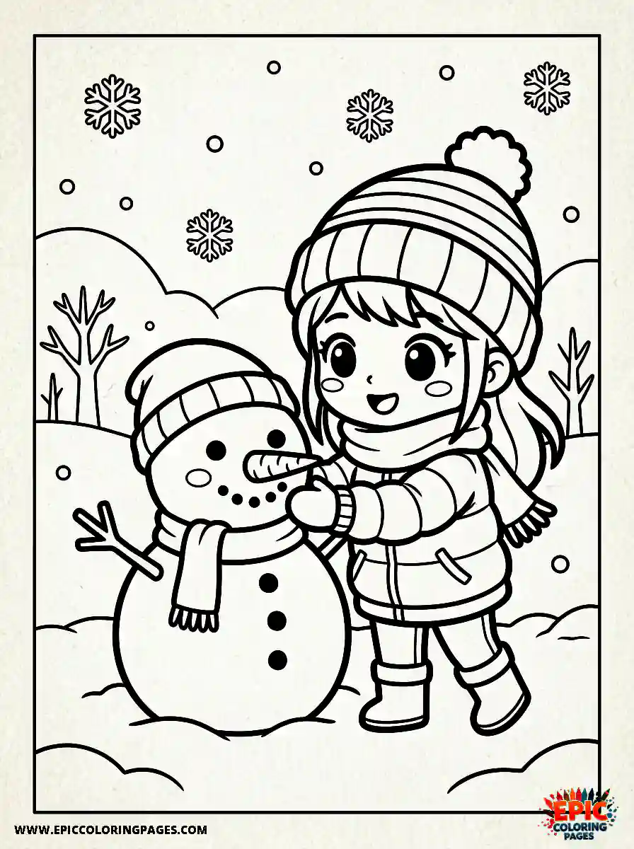 Chibi Girl Adorable chibi girl building a snowman with a carrot nose