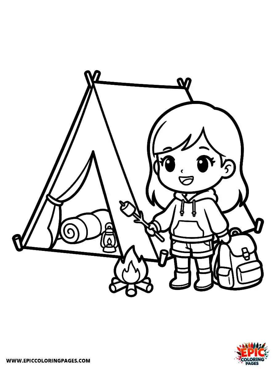 Chibi Girl Adorable chibi girl camping near a tent