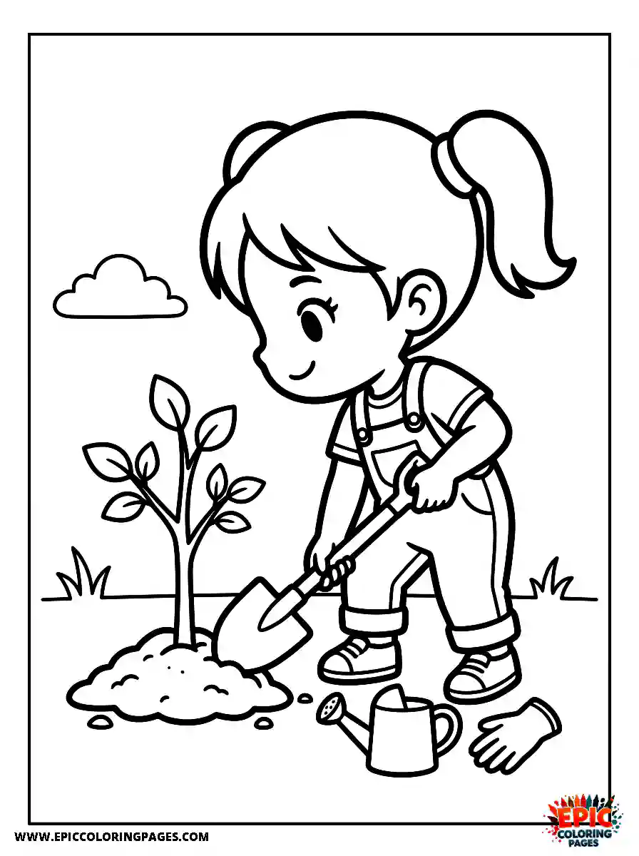 Chibi Girl Adorable chibi girl digging the earth to plant a sapling