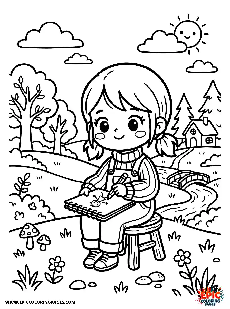 Chibi Girl Adorable chibi girl drawing a scenic mountain landscape on a sketchpad