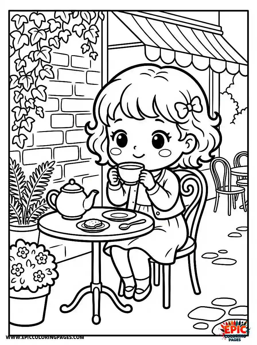 Chibi Girl Adorable chibi girl drinking hot tea at a cozy outdoor cafe table