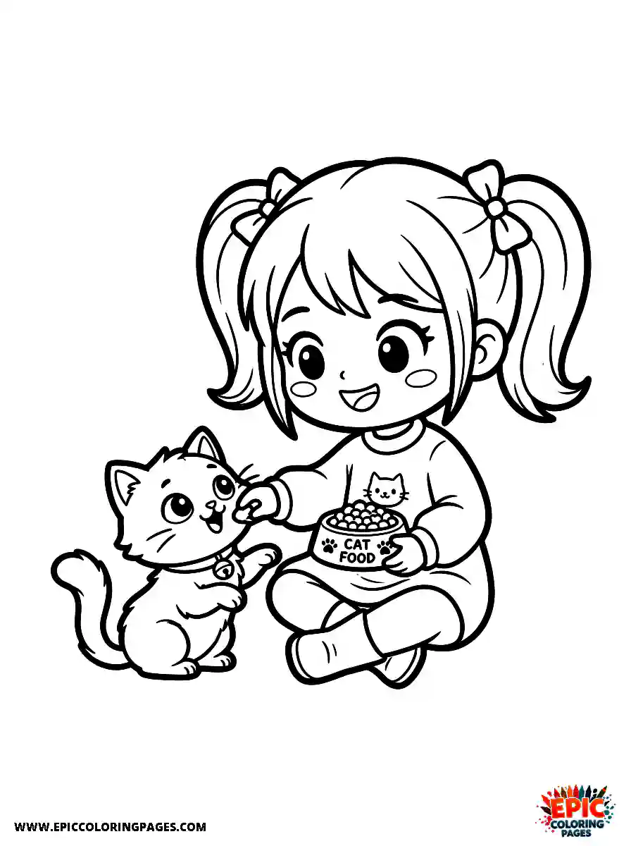 Chibi Girl Adorable chibi girl feeding her pet cat