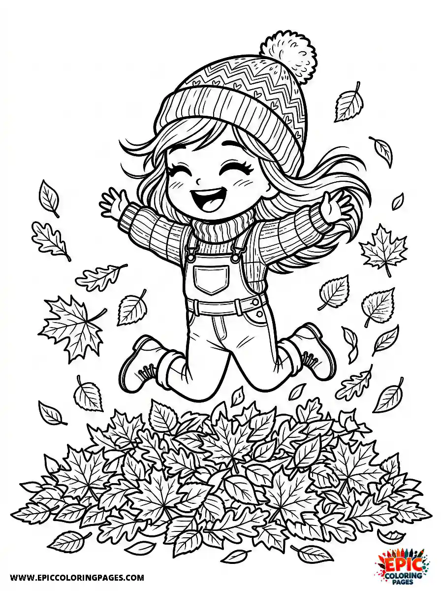 Chibi Girl Adorable chibi girl jumping into a pile of autumn leaves laughing joyfully
