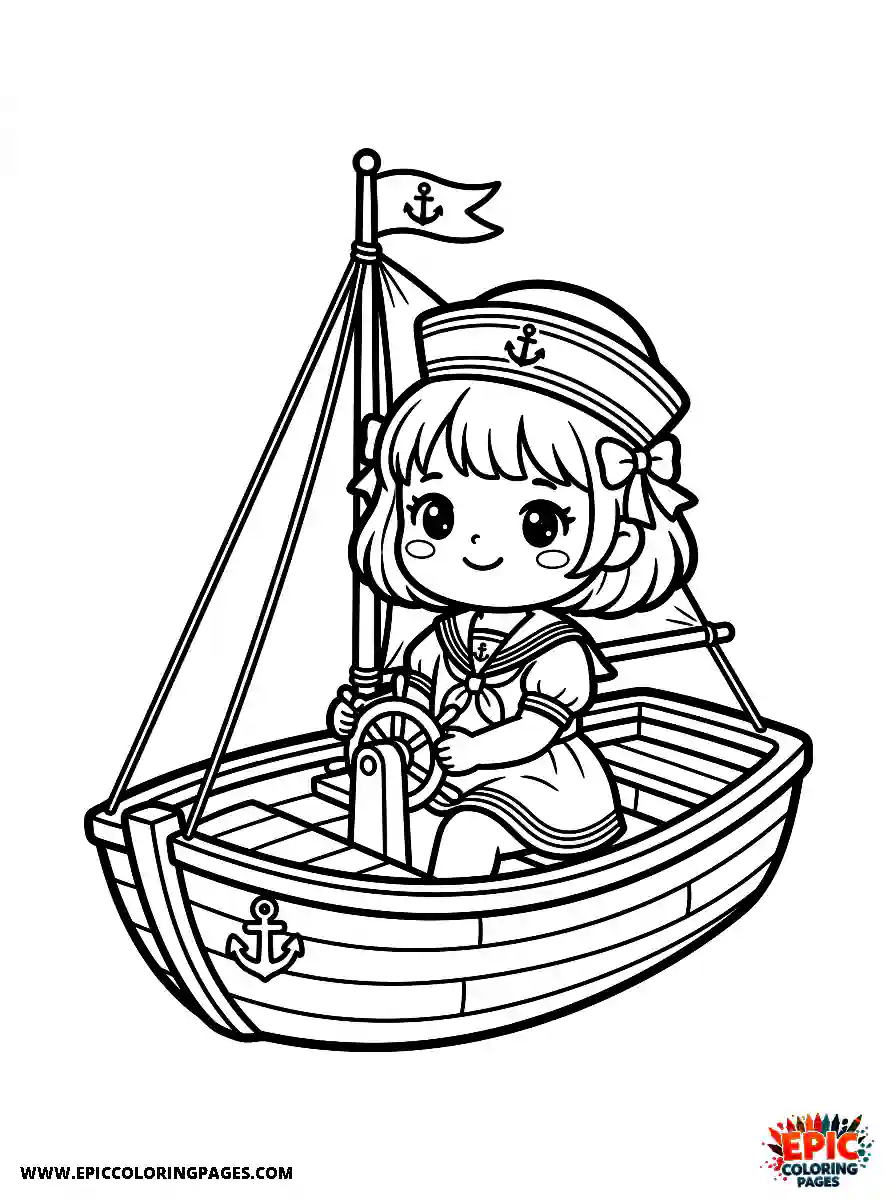 Chibi Girl Adorable chibi girl navigating a boat as a sailor
