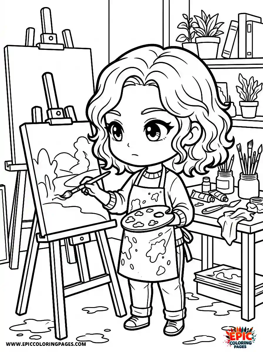 Chibi Girl Adorable chibi girl painting on a canvas with a focused expression