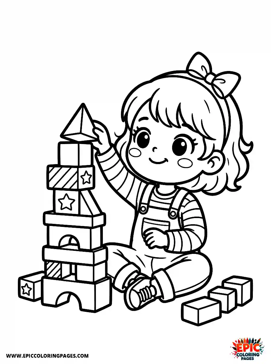 Chibi Girl Adorable chibi girl stacking colorful building blocks