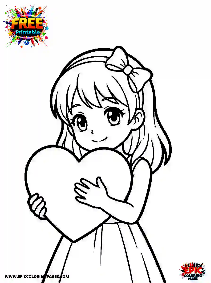 Anime girl coloring sheet with thick lines showing a cute character with big eyes, stylish hair, and adorable details ready to be colored