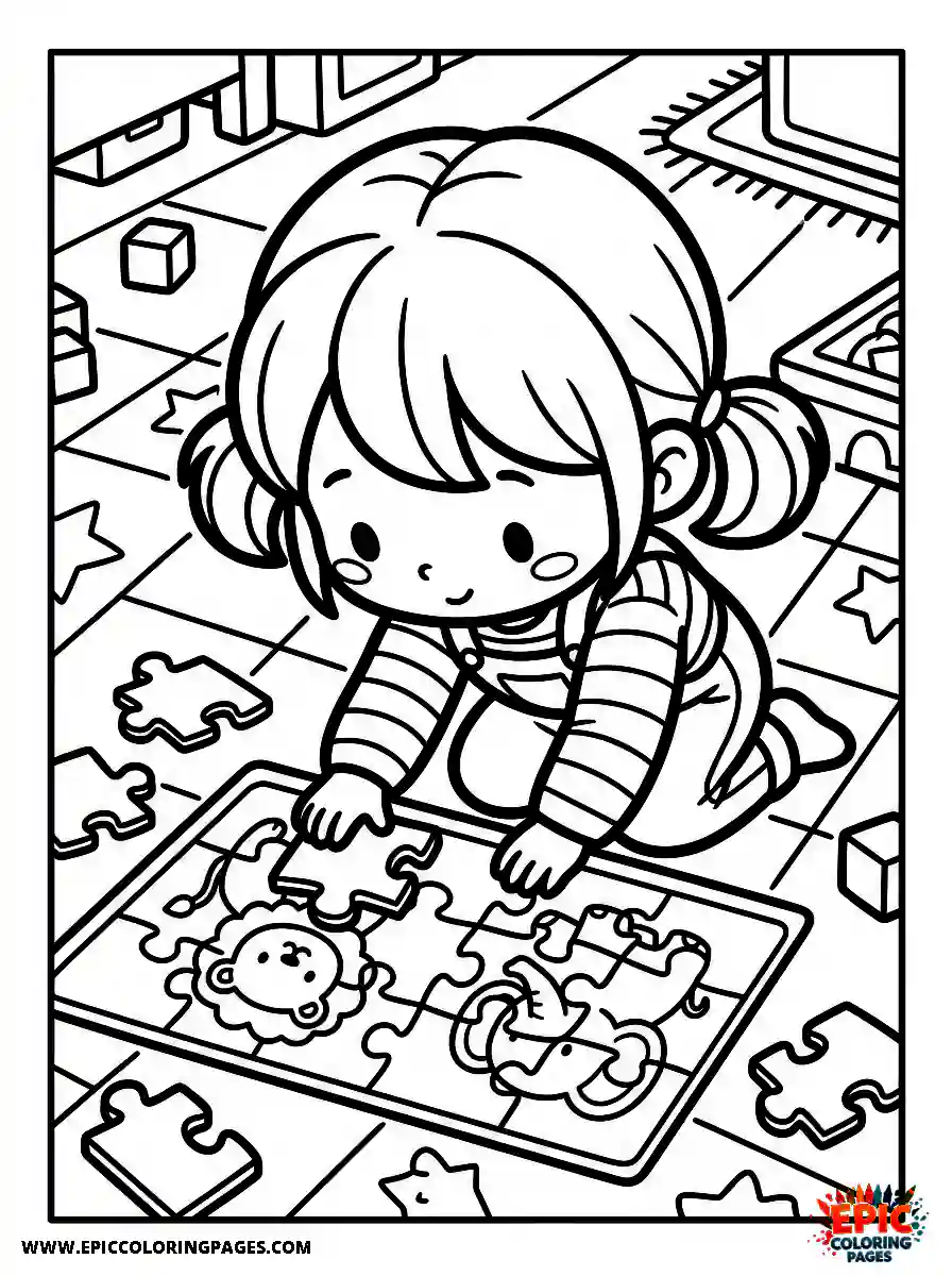 Chibi Girl Chibi girl focusing on arranging puzzle pieces on the floor