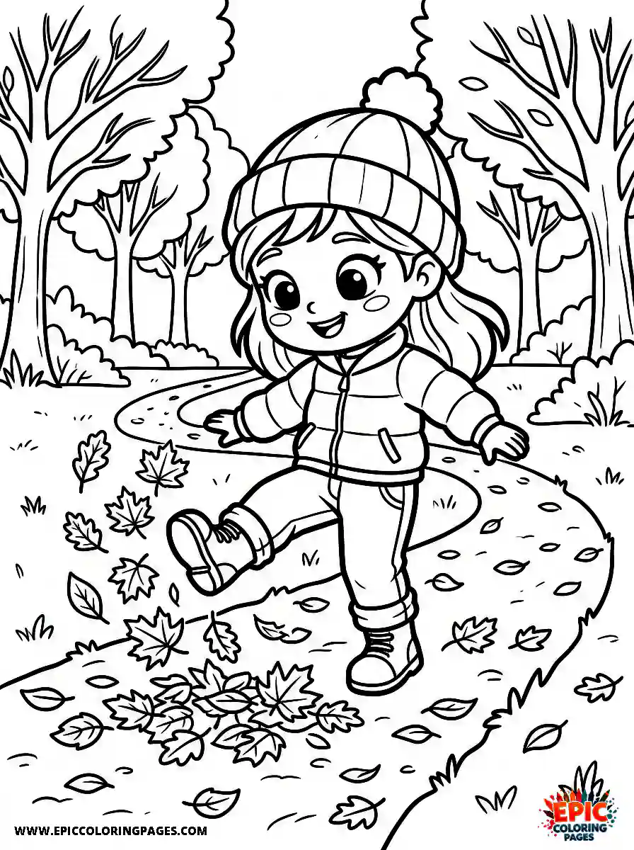 Chibi Girl Chibi girl kicking fallen leaves while walking down a path