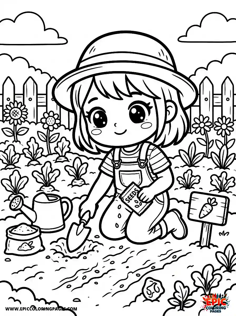 Chibi Girl Chibi girl planting seeds in a garden while kneeling on the soil