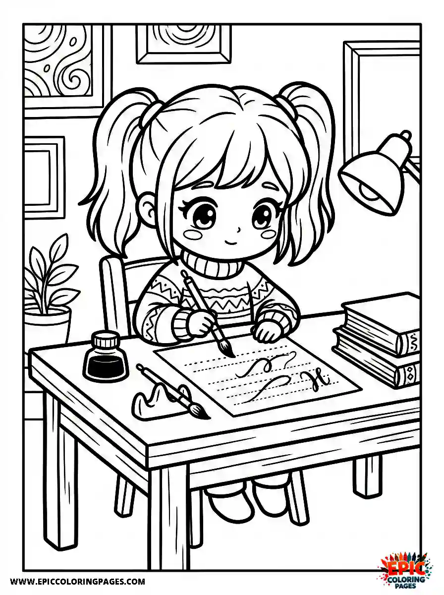 Chibi Girl Chibi girl practicing calligraphy with a brush pen