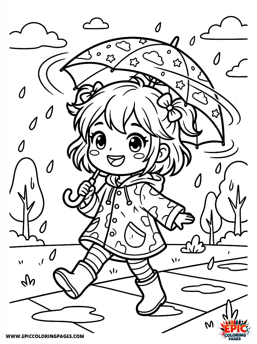 Chibi Girl Chibi girl spinning an umbrella while walking joyfully in light rain