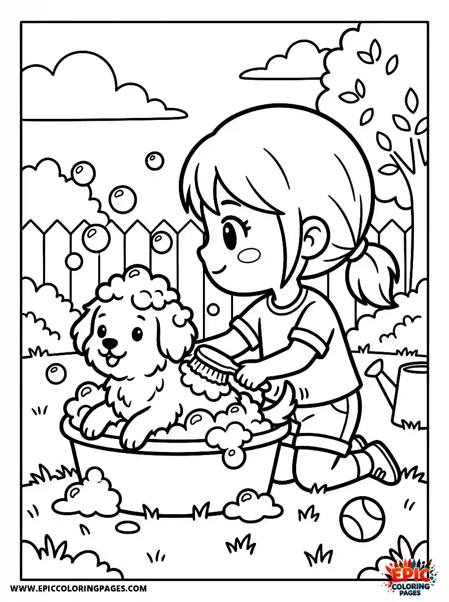 Chibi Girl Chibi girl washing a dog with soap bubbles in the backyard