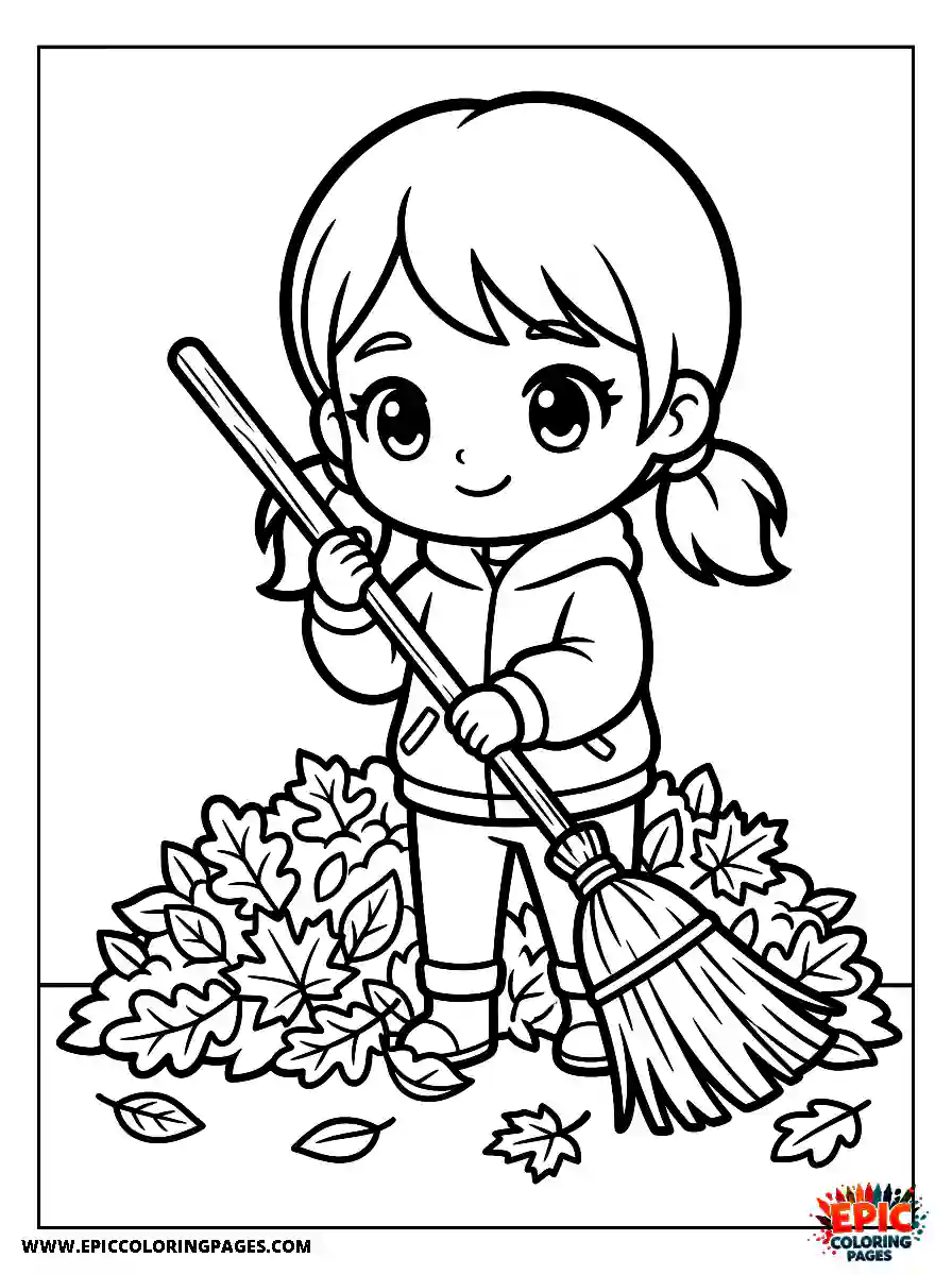 Chibi Girl Curious chibi girl cleaning up autumn leaves using a broom