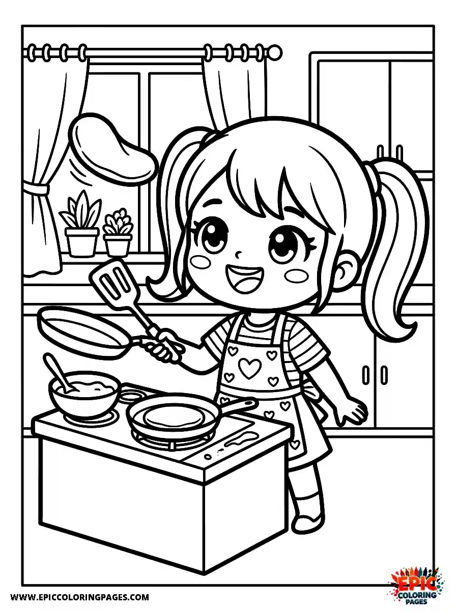 Chibi Girl Curious chibi girl cooking pancakes and flipping one in the air