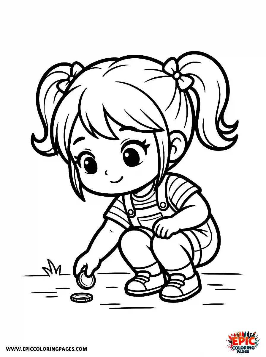 Chibi Girl Curious chibi girl crouching to pick up a shiny coin from the ground