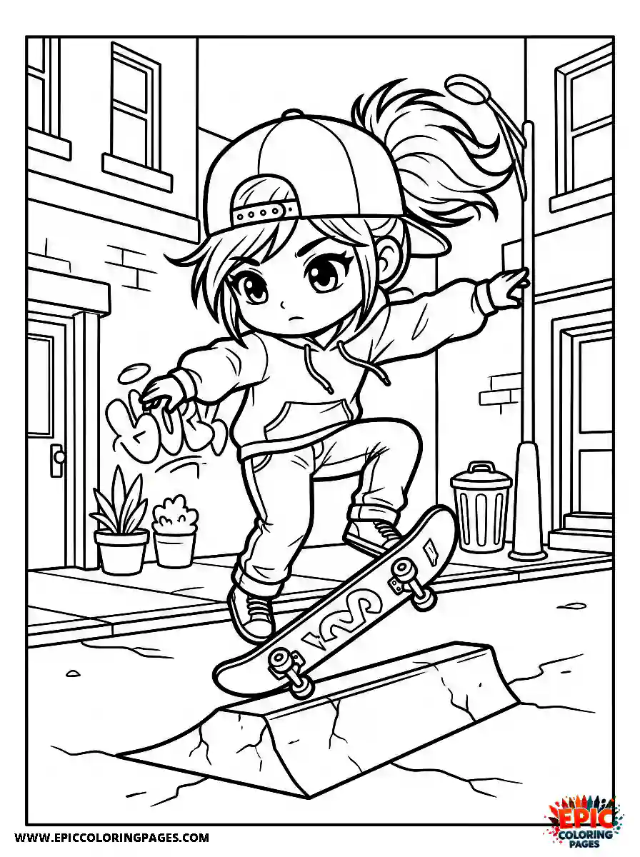 Chibi Girl Curious chibi girl doing a midtrick while skateboarding in the street