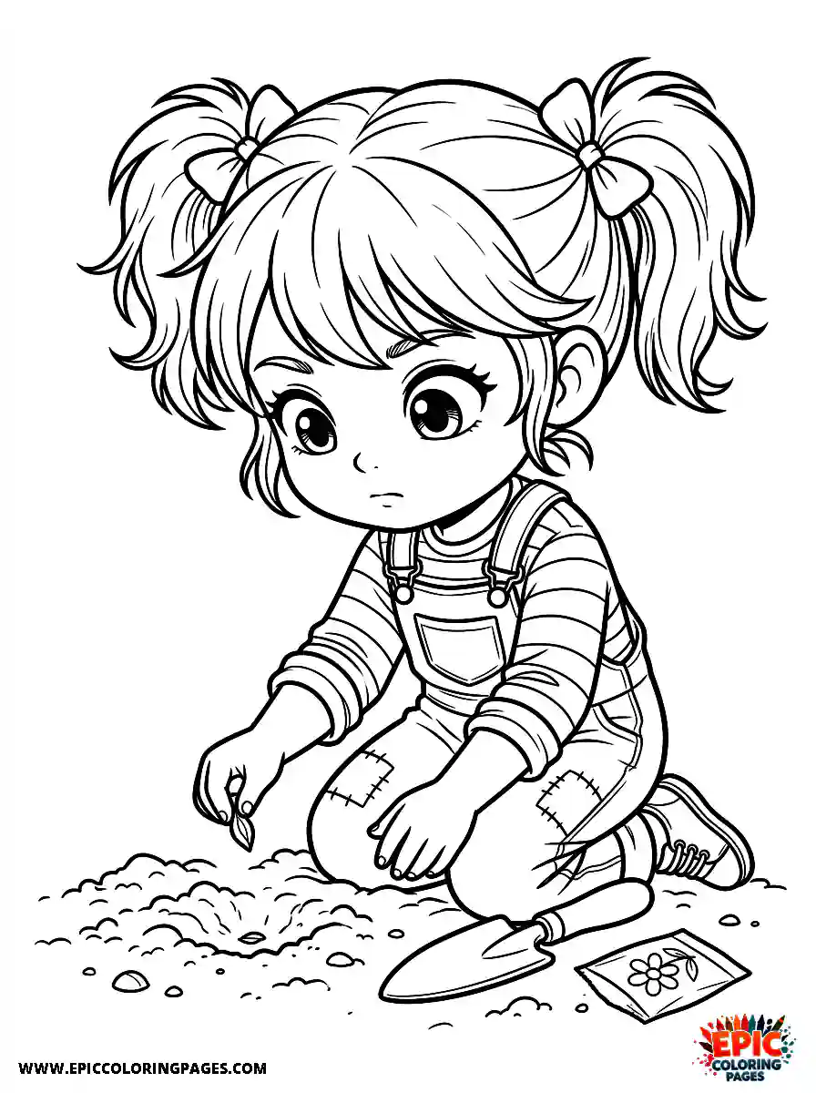Chibi Girl Curious chibi girl kneeling while planting a flower seed with a focused expression