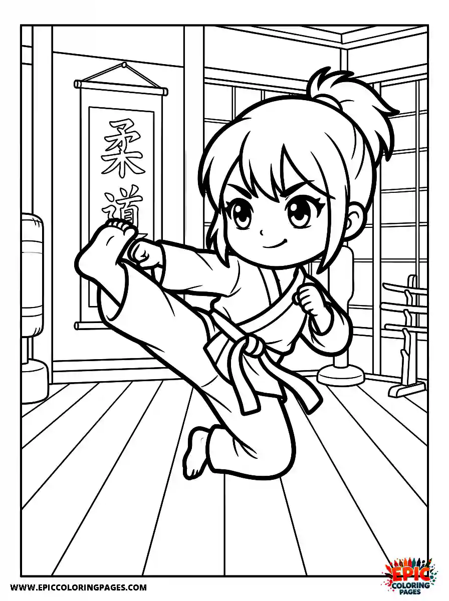 Chibi Girl Curious chibi girl practicing a martial arts kick in a dojo