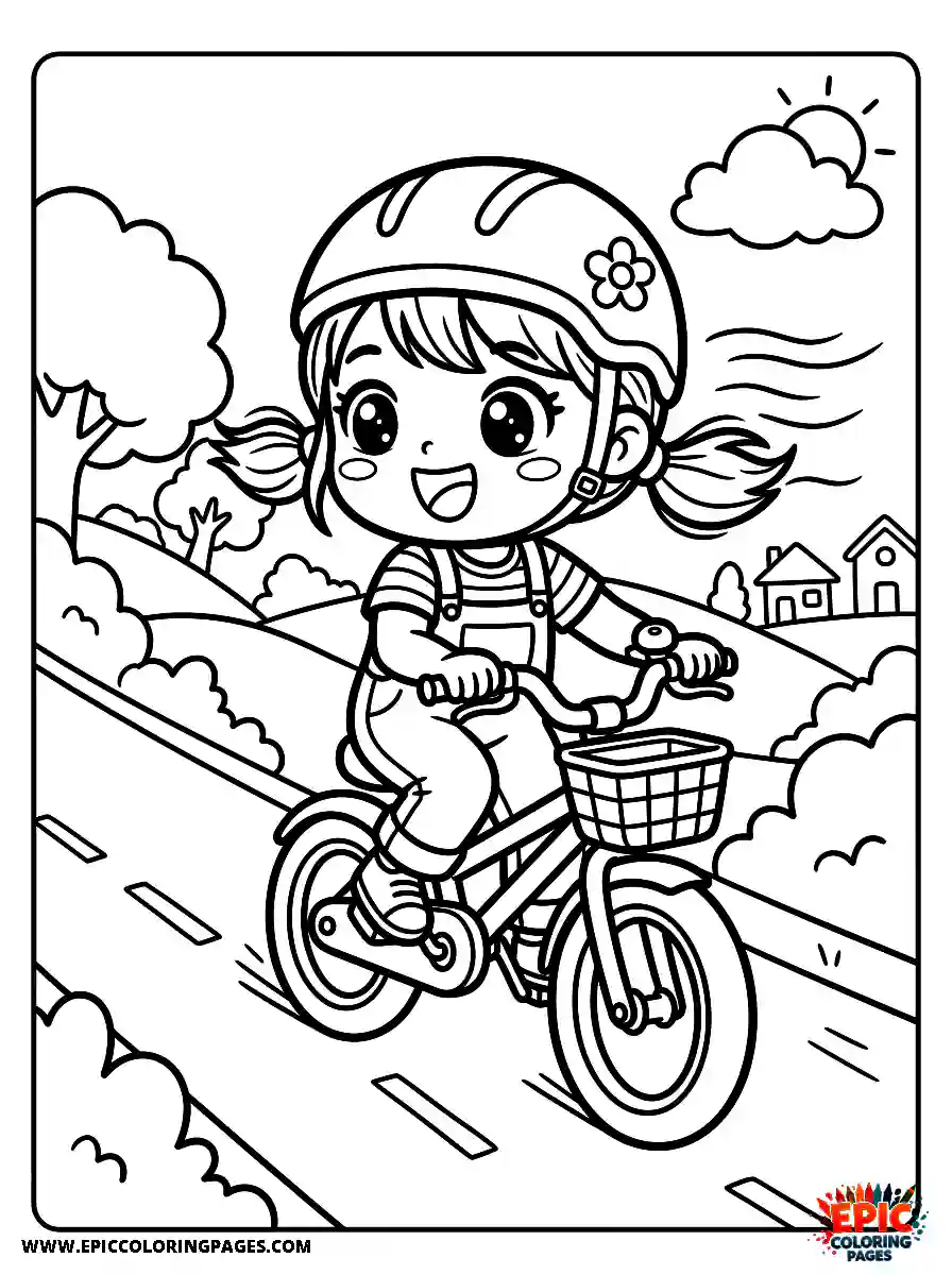 Chibi Girl Curious chibi girl riding a bicycle downhill with excitement